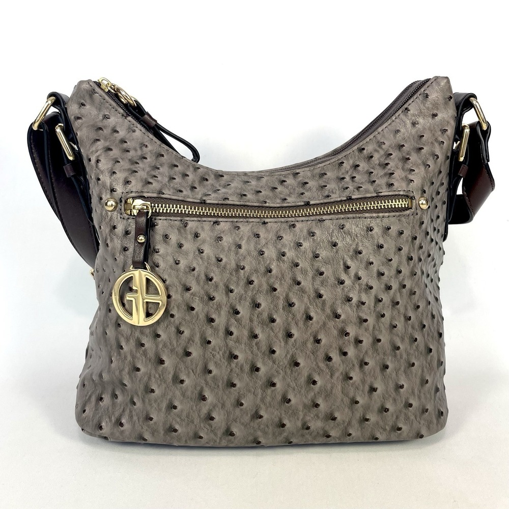 Giani Bernini Faux Ostrich Embossed Shoulder Bag Taupe Brown Multi Pocket - Picture 3 of 13